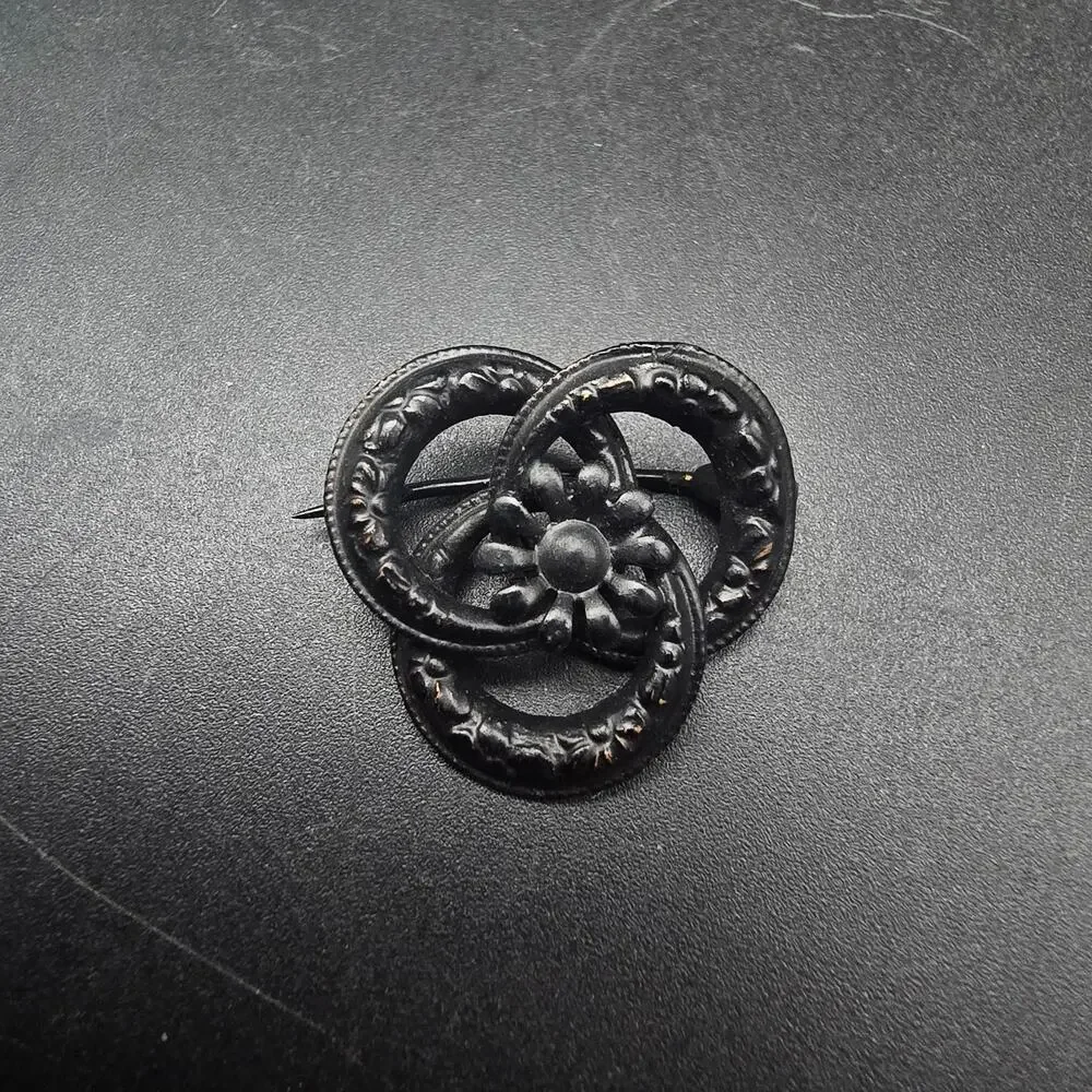 Black Enameled Eternity Flower Brooch Vintage Costume Jewelry